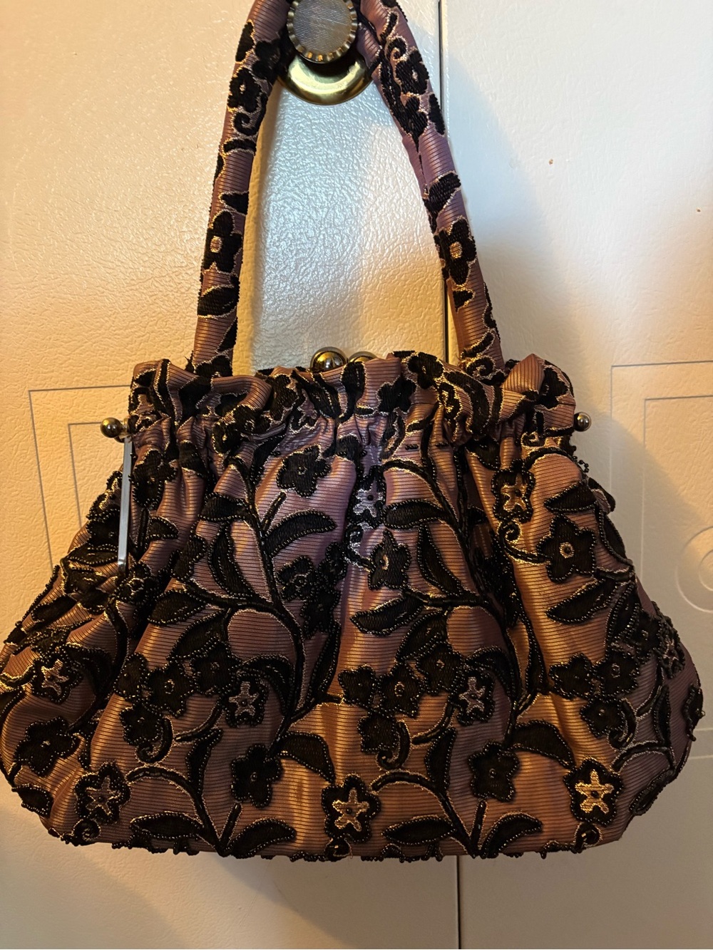 Elegant lavender Floral Evening Handbag with Black Embroidery.